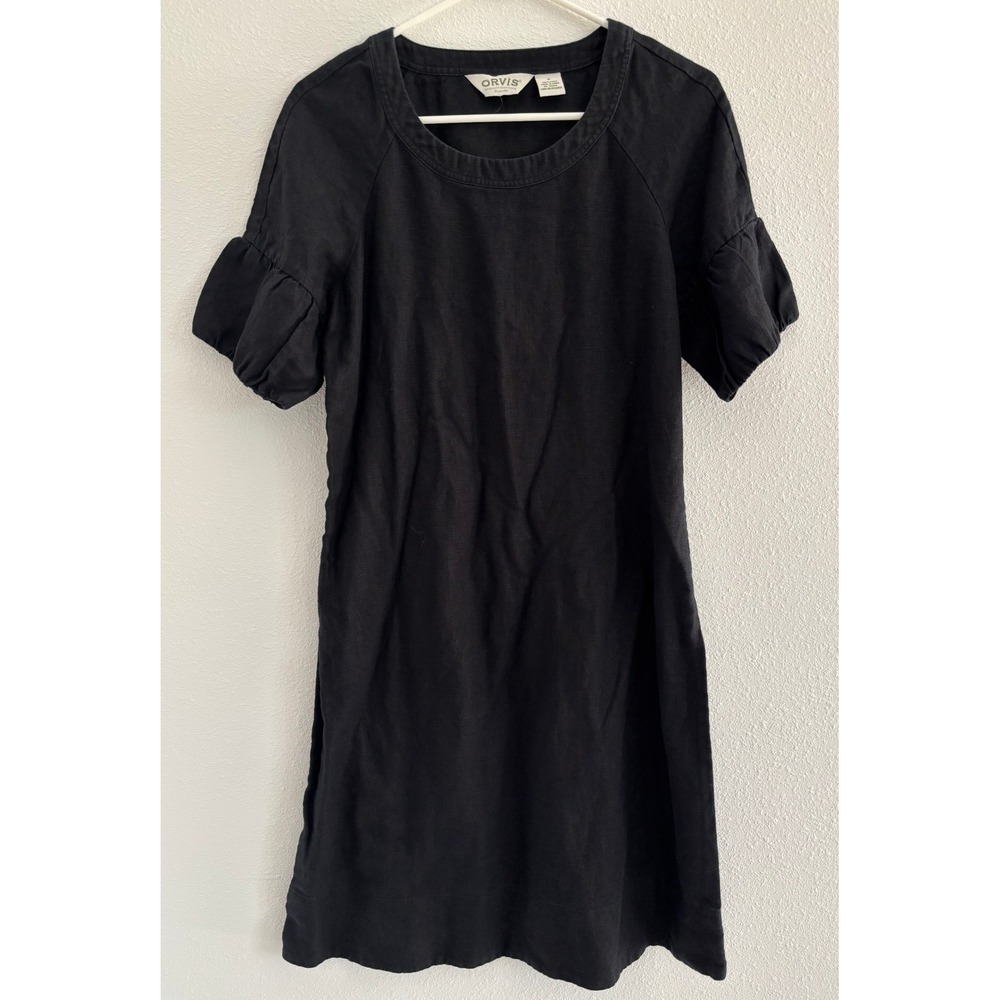 Orvis Dress Womens 6 Black Linen Puff Sleeve Preppy Minimalist Capsule Classic